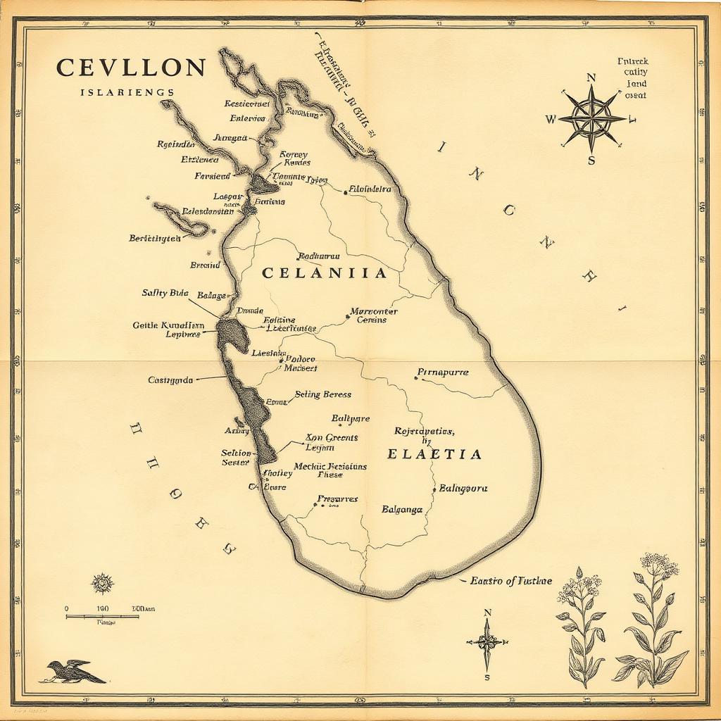 Antique map of Ceylon showing gem mining districts
